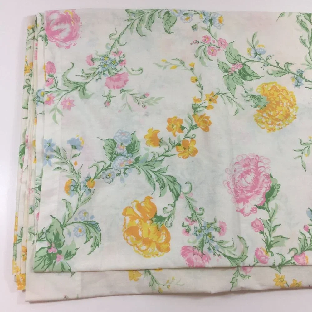 Vintage 1970s Sears Roebuck And Co Floral Perma-Prest Muslin Twin Flat Bed Sheet